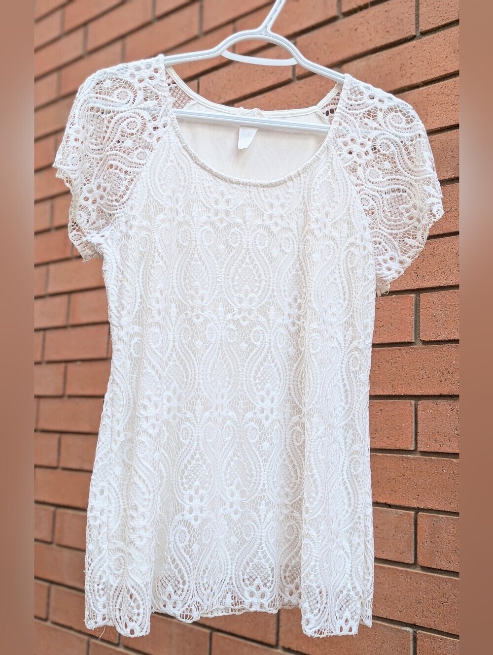 Brittany Black Women's (S/M) Ivory Lace/Crochet Short-Sleeve Lined Tunic Top